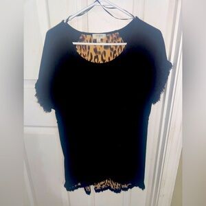 Umgee Black Top with Leopard Accent and Fringe Sleeves
